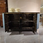 Statement Sideboard Cabinet with Dark Natural Wood Veneer Blue Embossed Side Panels and Gold-Tone Hardware